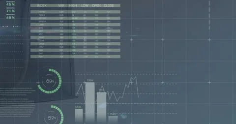 Image of statistics and data processing over stock market on screen Stock Illustration