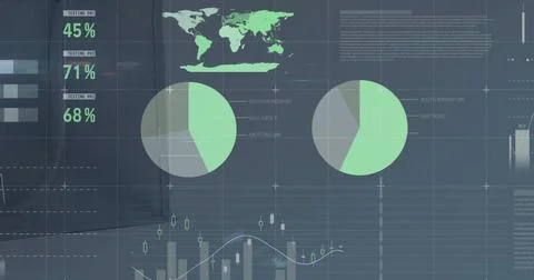 Image of statistics and data processing over stock market on screen Illustrazione stock