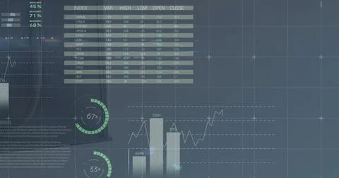 Image of statistics and data processing over stock market on screen Stockillustratie