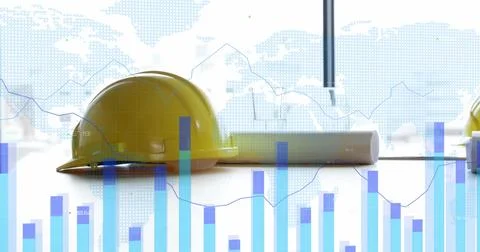 Image of statistics and data processing over hard hat and plans in office Stock Illustration