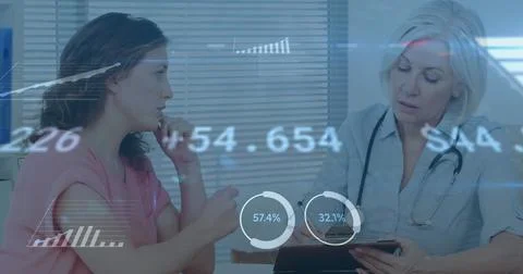 Image of statistics and data processing over female patient and doctor Stock Illustration