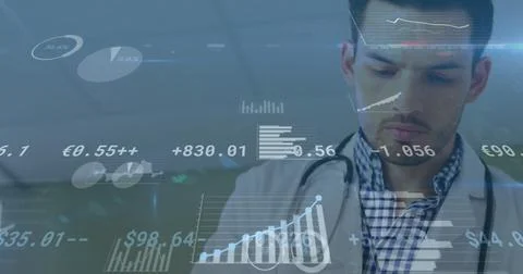 Image of statistics and data processing over male doctor 스톡 일러스트