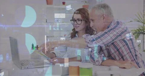 Image of statistics and data processing over business people using laptop in Stock Illustration