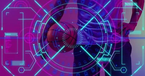 Image of statistics and data processing over african american basketball player 스톡 일러스트