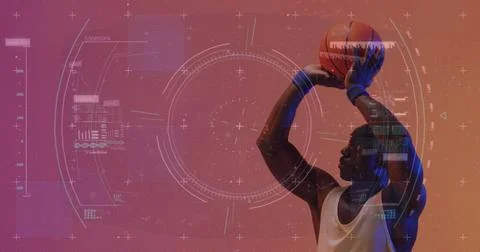 Image of statistics and data processing over african american basketball player 스톡 일러스트