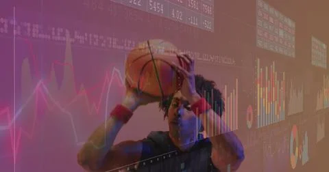 Image of statistics and data processing over biracial basketball player 스톡 일러스트