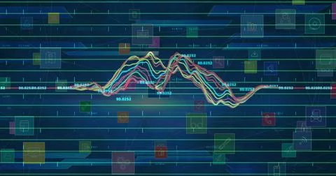 Image of statistics and data processing over icons Illustrazione stock
