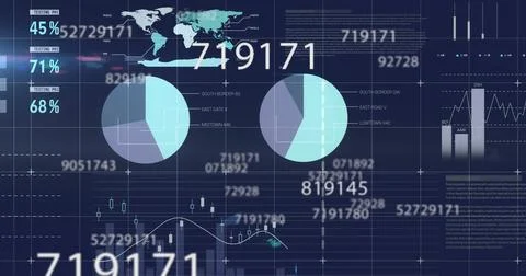 Image of statistics and data processing on black background Illustrazione stock
