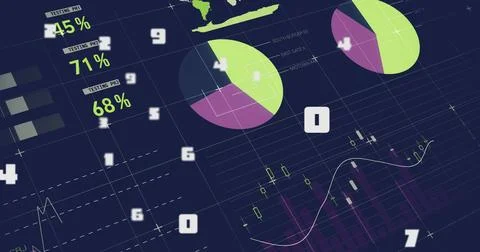Image of statistics and data processing on black background Illustrazione stock