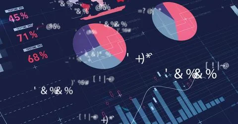 Image of statistics and data processing on black background Illustrazione stock