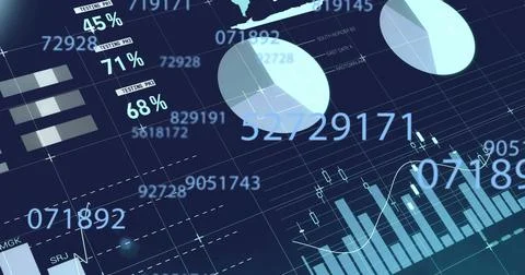 Image of statistics and data processing on black background Stockillustratie