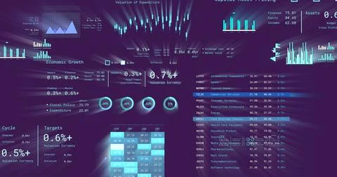 Image of statistics and data processing over purple background Illustrazione stock