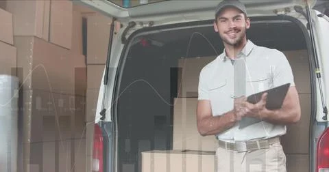 Image of statistics and data processing over delivery man with clipboard by van Illustrazione stock