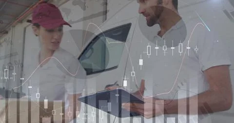 Image of statistics and data processing over delivery man with clipboard by van イラスト素材