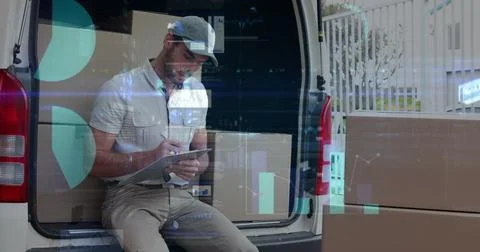 Image of statistics and data processing over delivery man with clipboard in van Stock Illustration