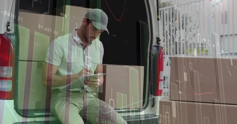 Image of statistics and data processing over delivery man with clipboard in van Illustrazione stock