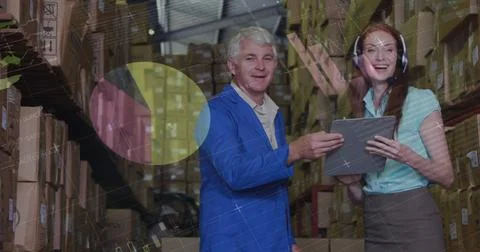 Image of statistics and data processing over man and woman with clipboard in Stock Illustration