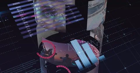 Image of statistics and data processing over screens Stock Illustration