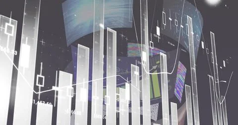 Image of statistics and data processing over screens 库存插图