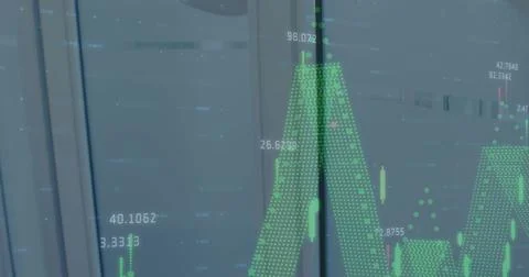 Image of statistics and data processing over man opening door Illustrazione stock