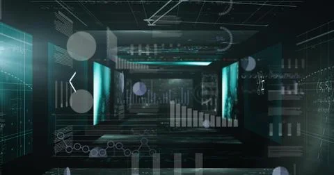 Image of statistics and data processing on screens over dark background Stock Illustration