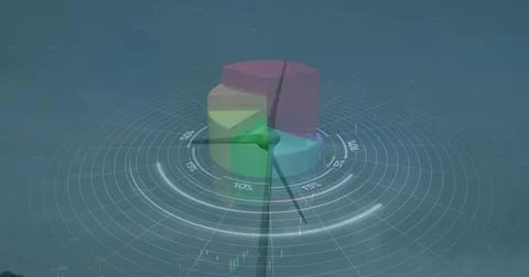 Image of statistics and data processing over wind turbine on blue background 写真素材