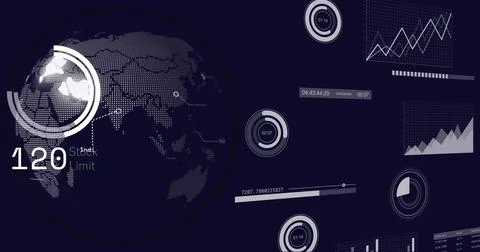 Image of statistics and data processing over globe in background 스톡 사진