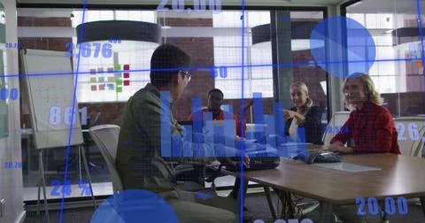 Image of statistics and data processing over diverse business people in office Foto stock