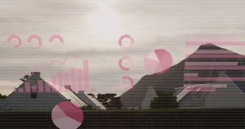 Image of statistics and data processing over house Stockfoto's