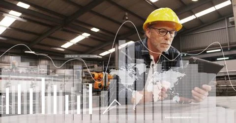 Image of statistics and data processing over caucasian male engineer using Stock Photos