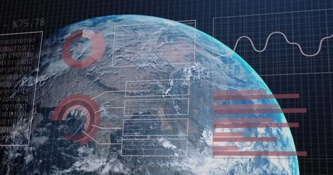 Image of statistics and data processing over globe 写真素材