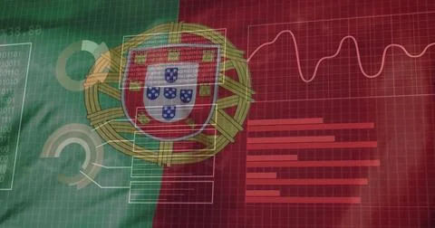 Image of statistics and data processing over waving flag of portugal 写真素材