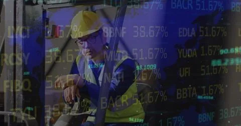 Image of statistics and data processing over biracial man working in warehouse Stock Photos