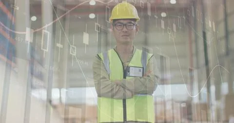 Image of statistics and data processing over biracial man working in warehouse Stock Photos