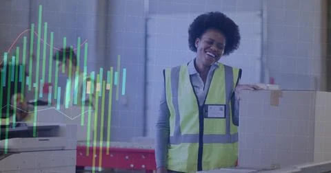 Image of statistics and data processing over african american woman working in Foto stock