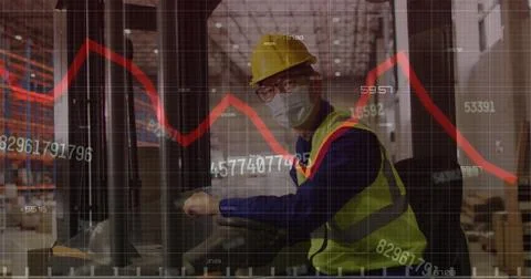 Image of statistics and data processing over biracial man working in warehouse 스톡 사진