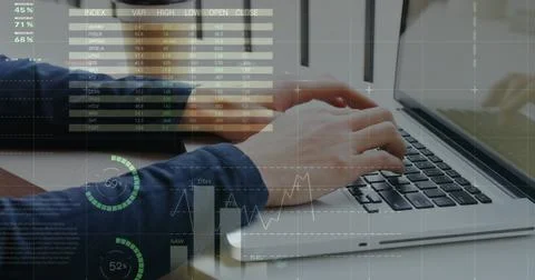 Image of statistics and data processing over man using laptop Stock Photos