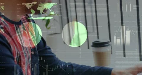 Image of statistics and data processing over man using laptop Stock Photos