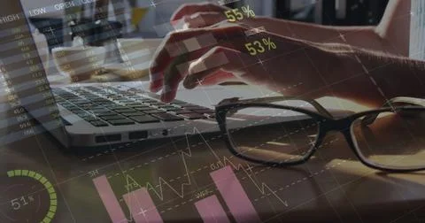 Image of statistics and data processing over woman using laptop Stock Photos