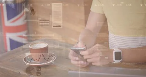 Image of statistics and data processing over man using smartphone 写真素材