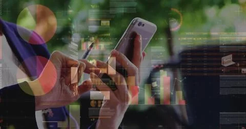 Image of statistics and data processing over man using smartphone Stock Photos