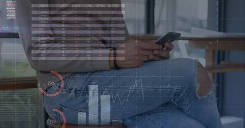 Image of statistics and data processing over man using smartphone Stock Photos