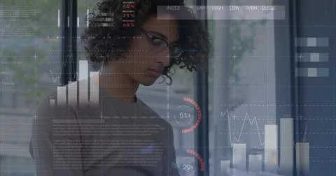 Image of statistics and data processing over man using smartphone Stock Photos