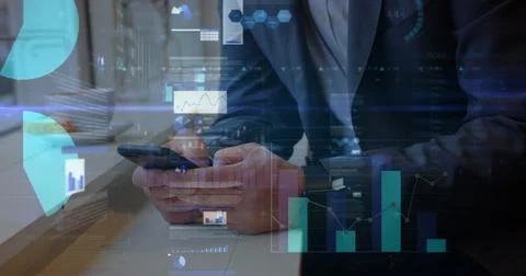 Image of statistics and data processing over man using smartphone Stock Photos