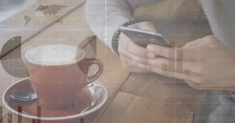 Image of statistics and data processing over man using smartphone Stock Photos