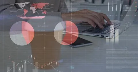 Image of statistics and data processing over man using laptop Stockfoto's