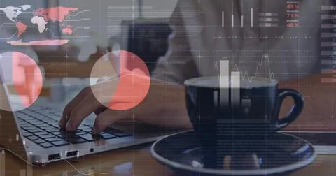 Image of statistics and data processing over man using laptop Foto stock