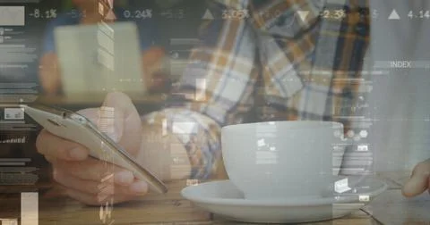 Image of statistics and data processing over man using smartphone Stock Photos