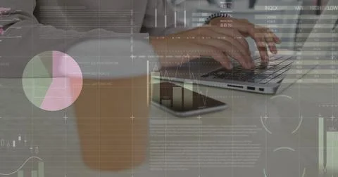 Image of statistics and data processing over man using laptop Stock Photos