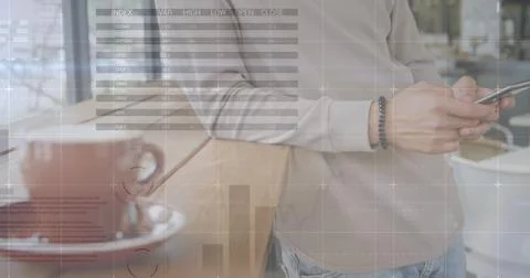 Image of statistics and data processing over man using smartphone Stock Photos